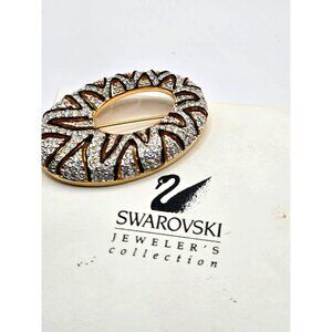 Swarovski Swan Signed Gold Plated Crystal Black Gold Brooch in original box